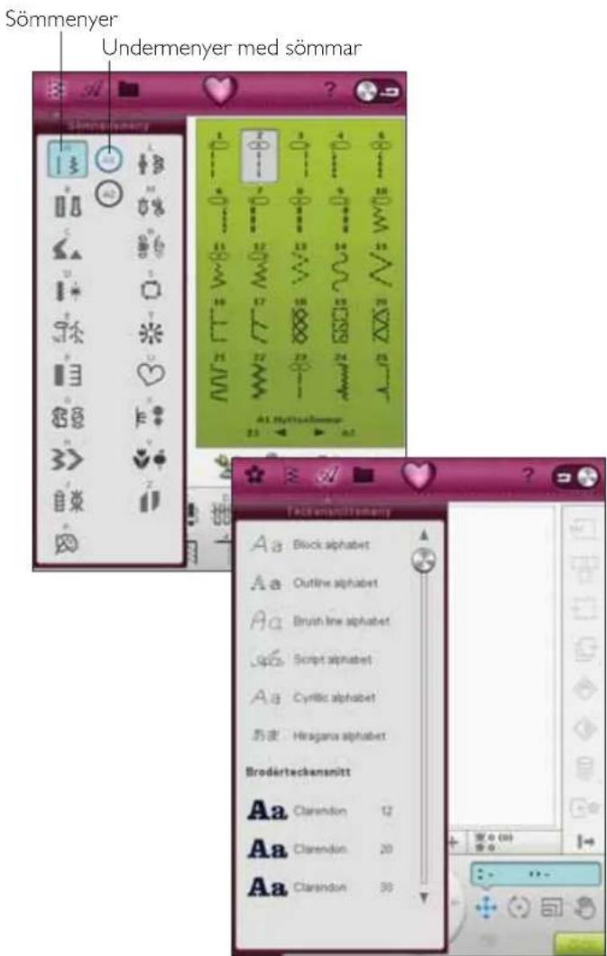 Sömmenyer Undermenyer med sömmar Tackensütttemeny Aa Block alphabet Aa Outline alphabet Aa Brush line alphabet Aa Script alphabet Aa Cyrillic alphabet Aa Heragonia alphabet Brodärteckensnitt Aa Clarendon 12 Aa Clarendon 20 Aa Clarendon 30
