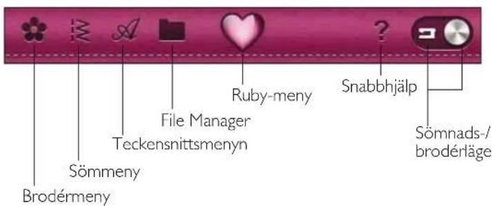 Brodérmeny Sömmeny Teckensnittsmenyn File Manager Ruby-meny Snabbhjälp Sömnads-/brodérläge
