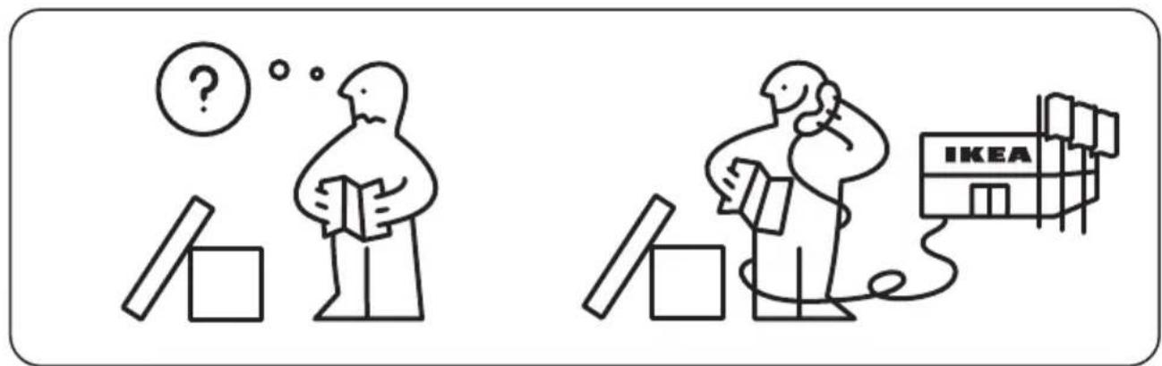 Illustration showing two cartoon figures with question marks and a IKEA building, suggesting a puzzle or problem in the scene.
