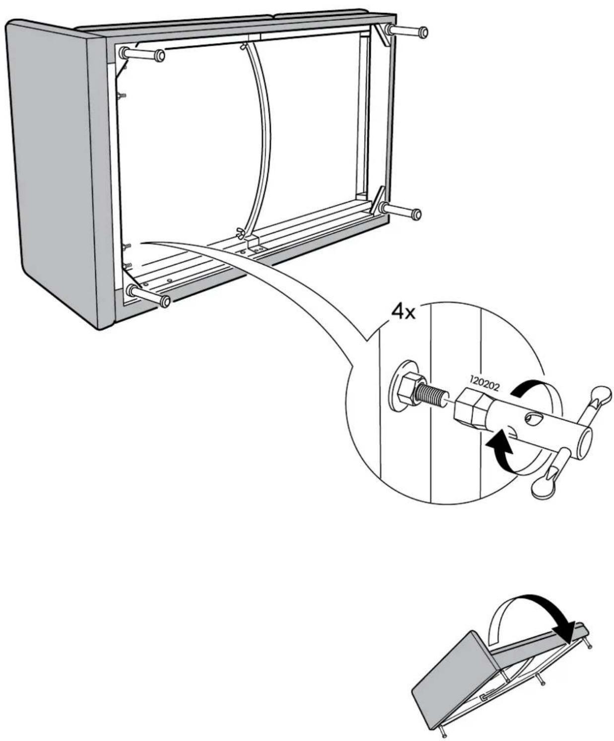 Technical diagram showing mechanical assembly with labeled components and rotational motion arrows