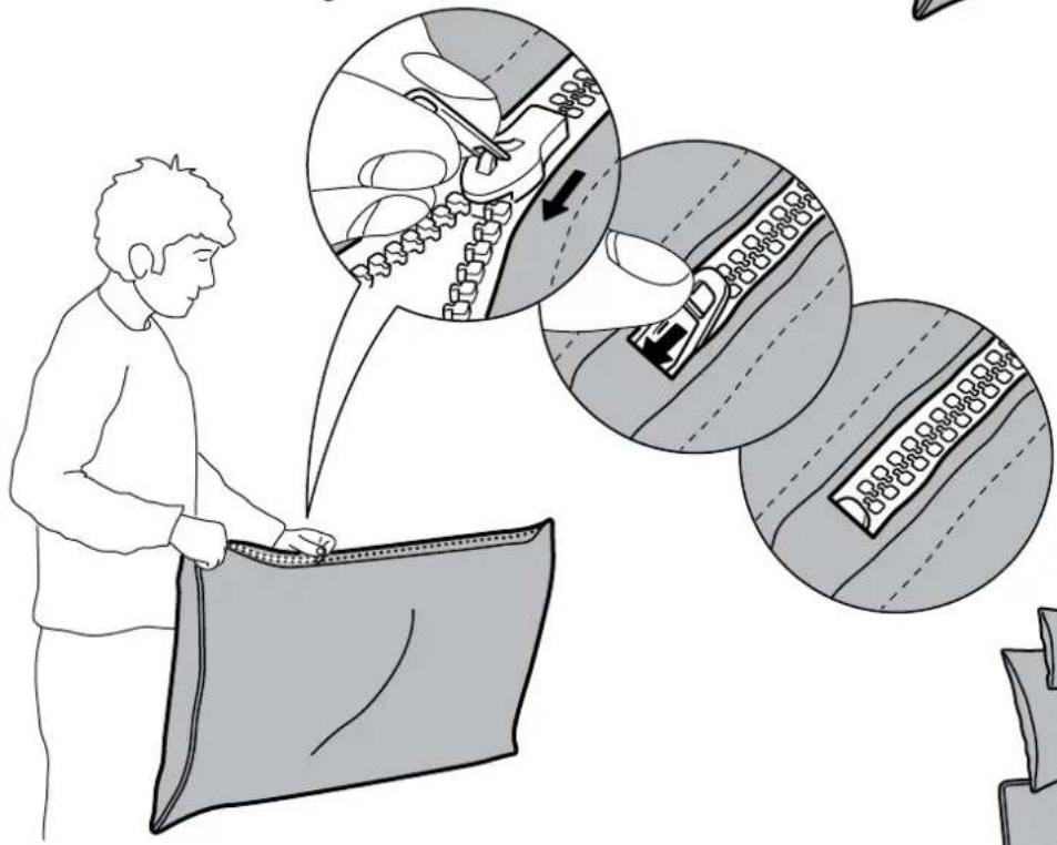 Illustration showing a person folding fabric with magnified insets illustrating different fabric types and patterns.
