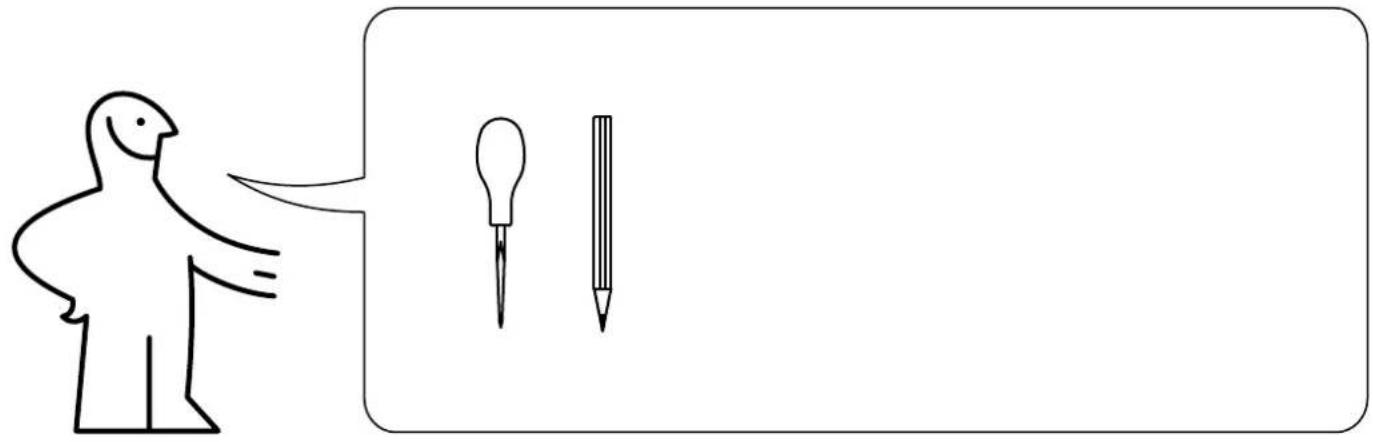 Diagram showing a bird figure pointing to two writing tools: a pen and a pencil, with no text or symbols present.