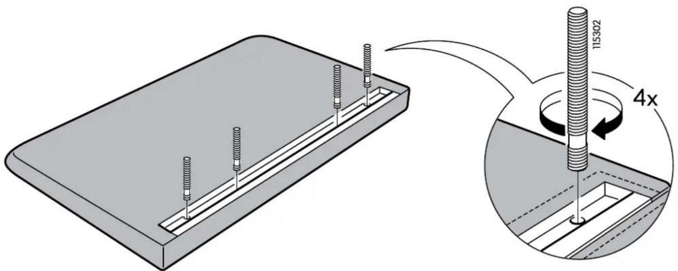 Technical diagram showing a mechanical assembly with threaded rods and a magnified view of a 4x ratio of thread specification.