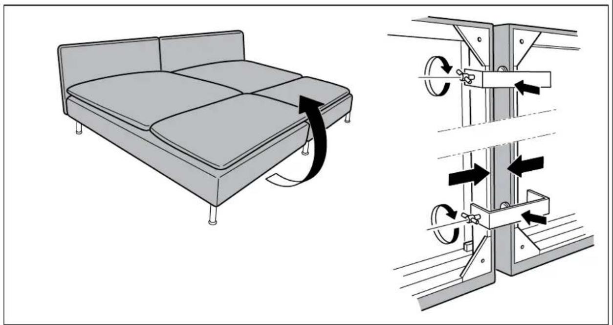 Diagram illustrating the mechanism of a bed-to-chamber system with directional arrows indicating motion and rotation.