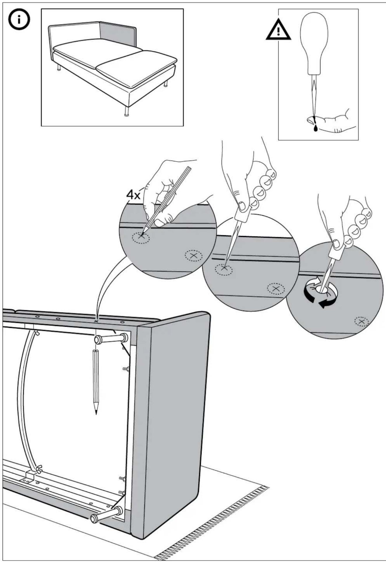 Diagram illustrating a medical procedure for using a device, showing steps from bed insertion to hand placement and recovery.