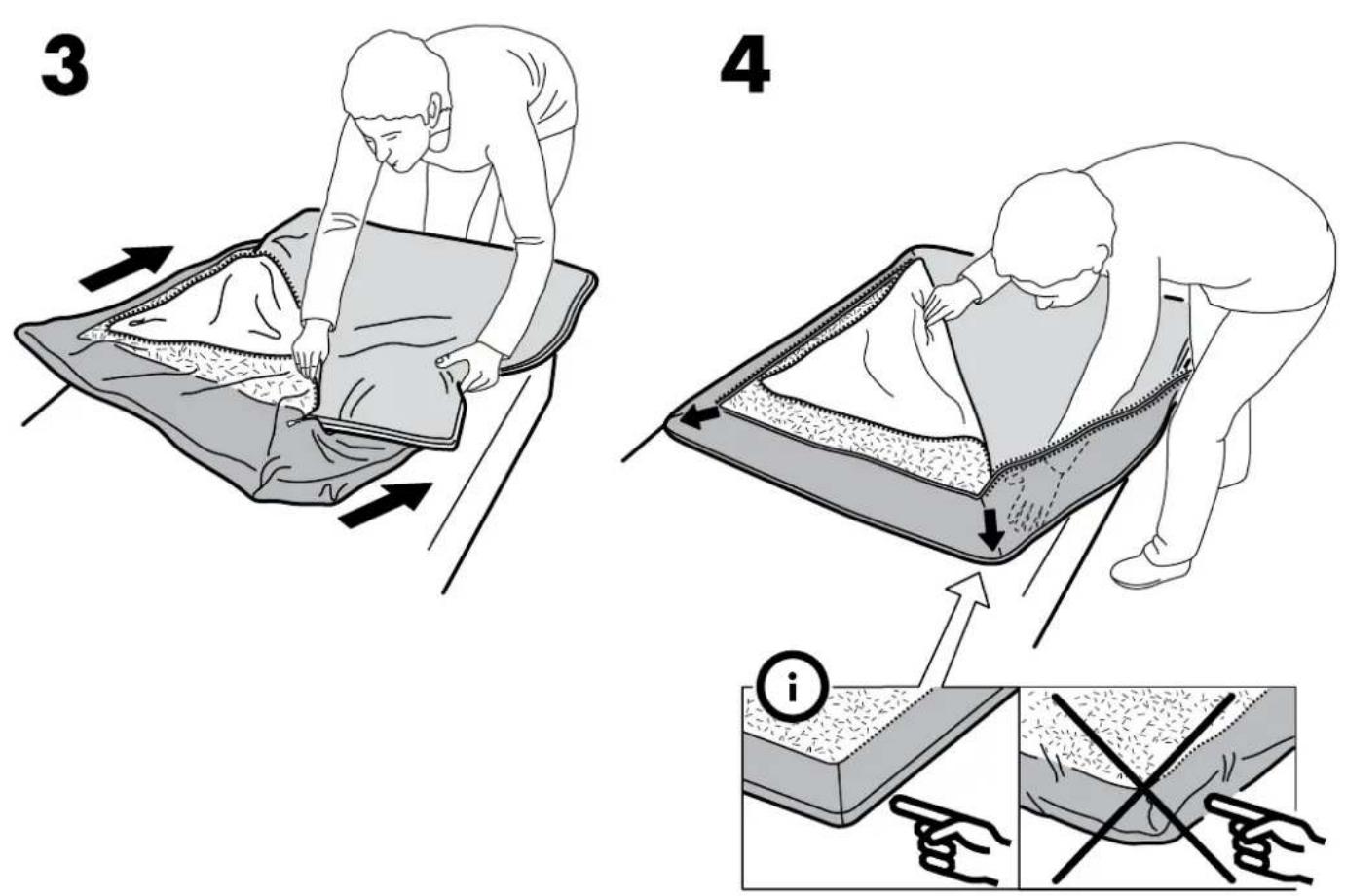 Illustration showing two steps of a person folding or settling a blanket, with directional arrows and a magnified inset highlighting the process.
