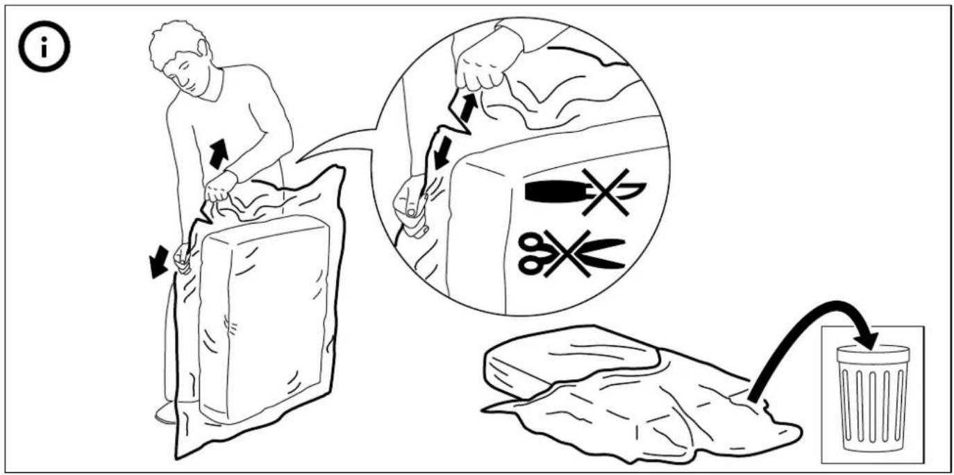 Illustration showing a person using a trash bin to clean waste, with instructions and symbolic diagrams.