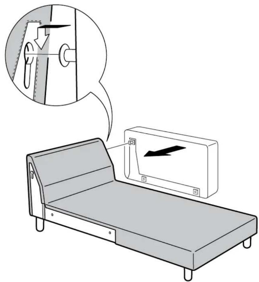 Diagram showing a bed with a wall-mounted device connected to a wall-mounted unit, accompanied by an instructional sketch of the device's internal structure.
