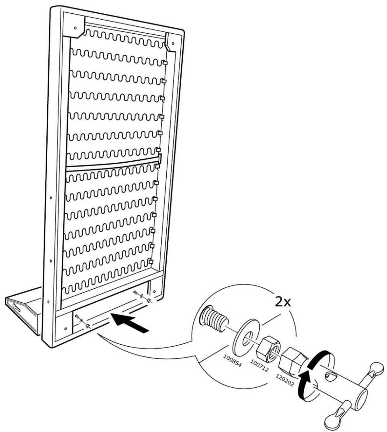 Technical diagram showing a rack-mounted device with spring coils and a 2x ratio adjustment mechanism, labeled with component numbers.