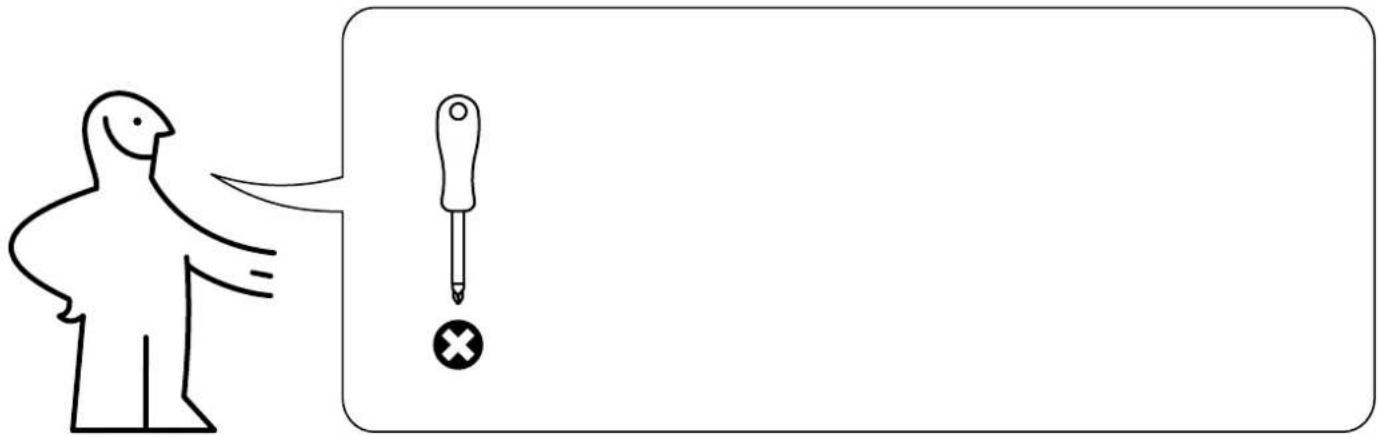 Diagram showing a person pointing at a screwdriver with an exclamation mark, likely illustrating a warning or error.