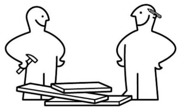 Simple line drawing of two figures standing beside a wooden block, one holding a hammer and the other with a nail (no text or symbols)