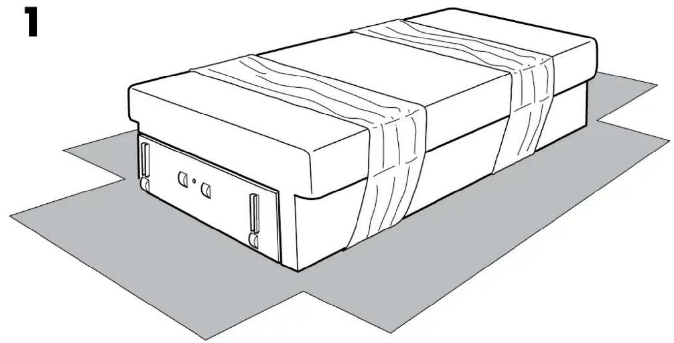 Line drawing of a rectangular box with wavy insulation and attached clamps, placed on a gray surface (no text or symbols)