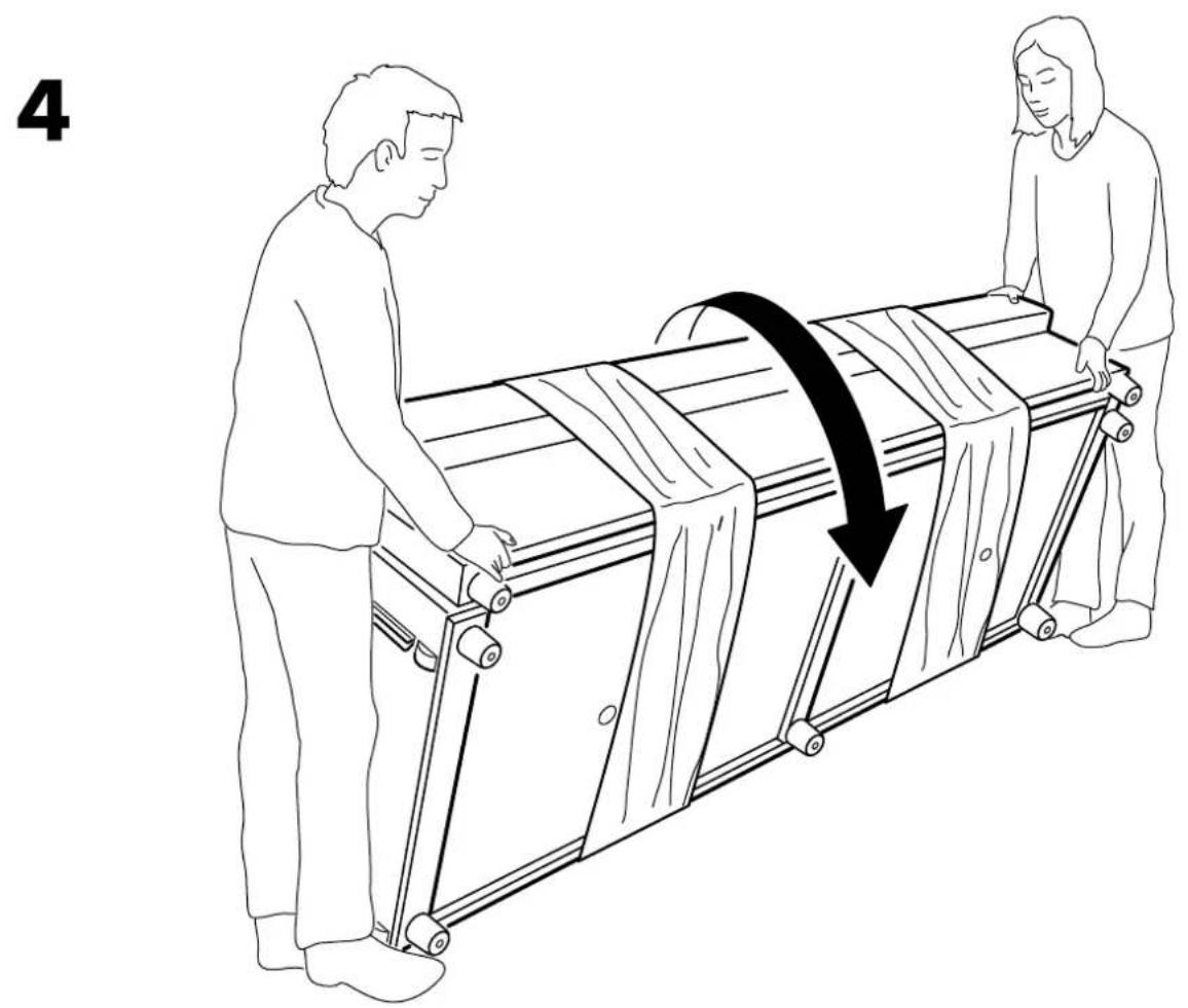 Line drawing of two people handling a large cylindrical object with a curved arrow indicating motion (no text or symbols)