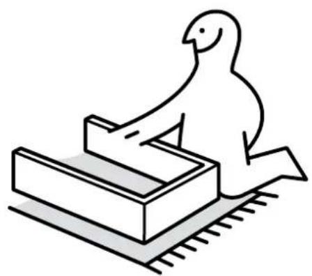 Simple line drawing of a bird interacting with a rectangular object on a textured surface (no text or symbols)