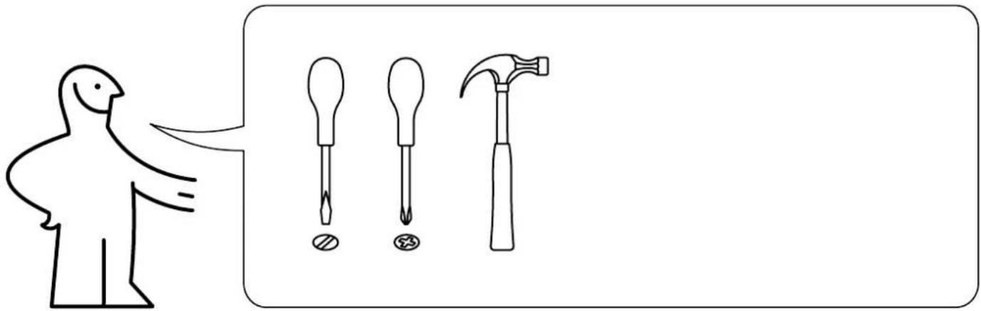 Illustration showing a bird pointing to three different types of screwdrivers: a single, three-tipped, and a four-tipped hammer.