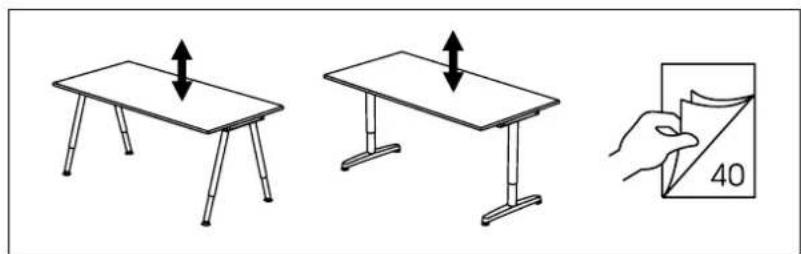 Diagram showing three steps of folding a table: lifting an upward arrow, folding a flat surface, and holding a 40-degree angle.