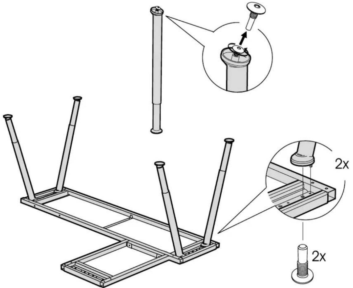 Technical diagram showing assembly of a metal frame with two 2x bolt holes, including close-up details and component insertion.