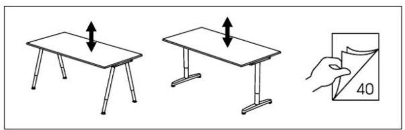 Diagram illustrating three steps of folding a table: lifting an upward arrow, folding a flat table, and cutting a document labeled '40'.