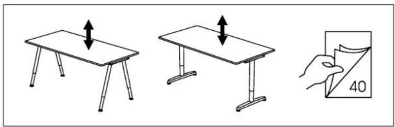 Illustration showing three steps of folding a table: lifting an upward arrow, folding a flat surface, and cutting a diagonal line labeled '40'.