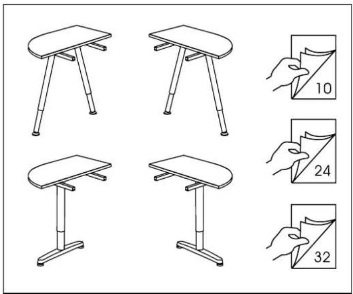 Illustration showing six different table setups with folding and cutting ratios labeled 10, 24, and 32.