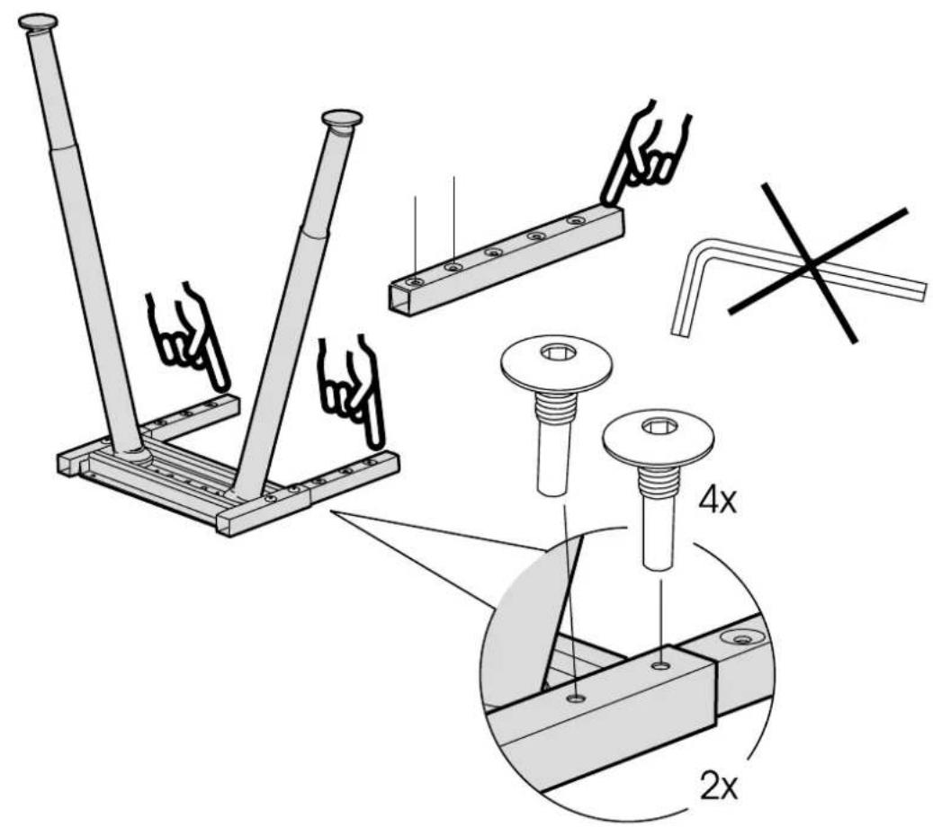 Technical diagram showing assembly steps of a mechanical bracket with bolt and nut components, including magnified views labeled 2x and 4x.