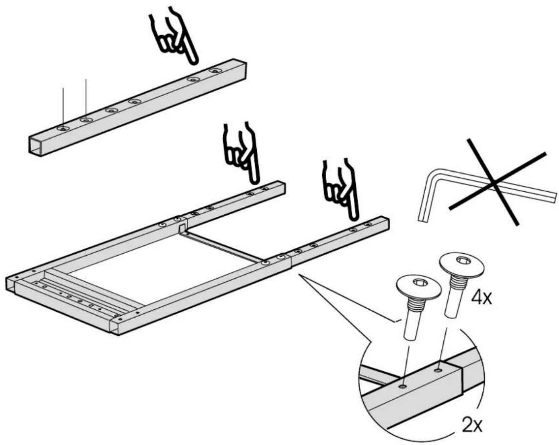 Technical diagram showing assembly steps of a metal frame with bolt holes and a 2x/4x ratio indicator.