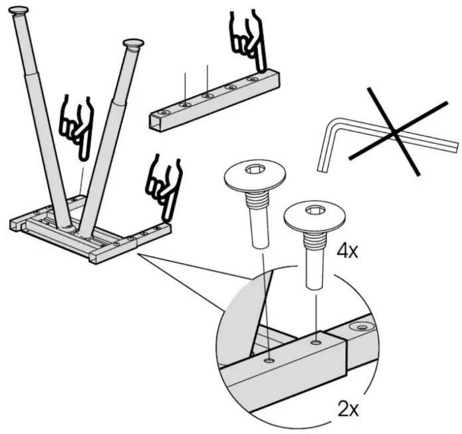 Technical diagram showing assembly of metal rods with bolted joints and a 2x, 4x magnified detail view