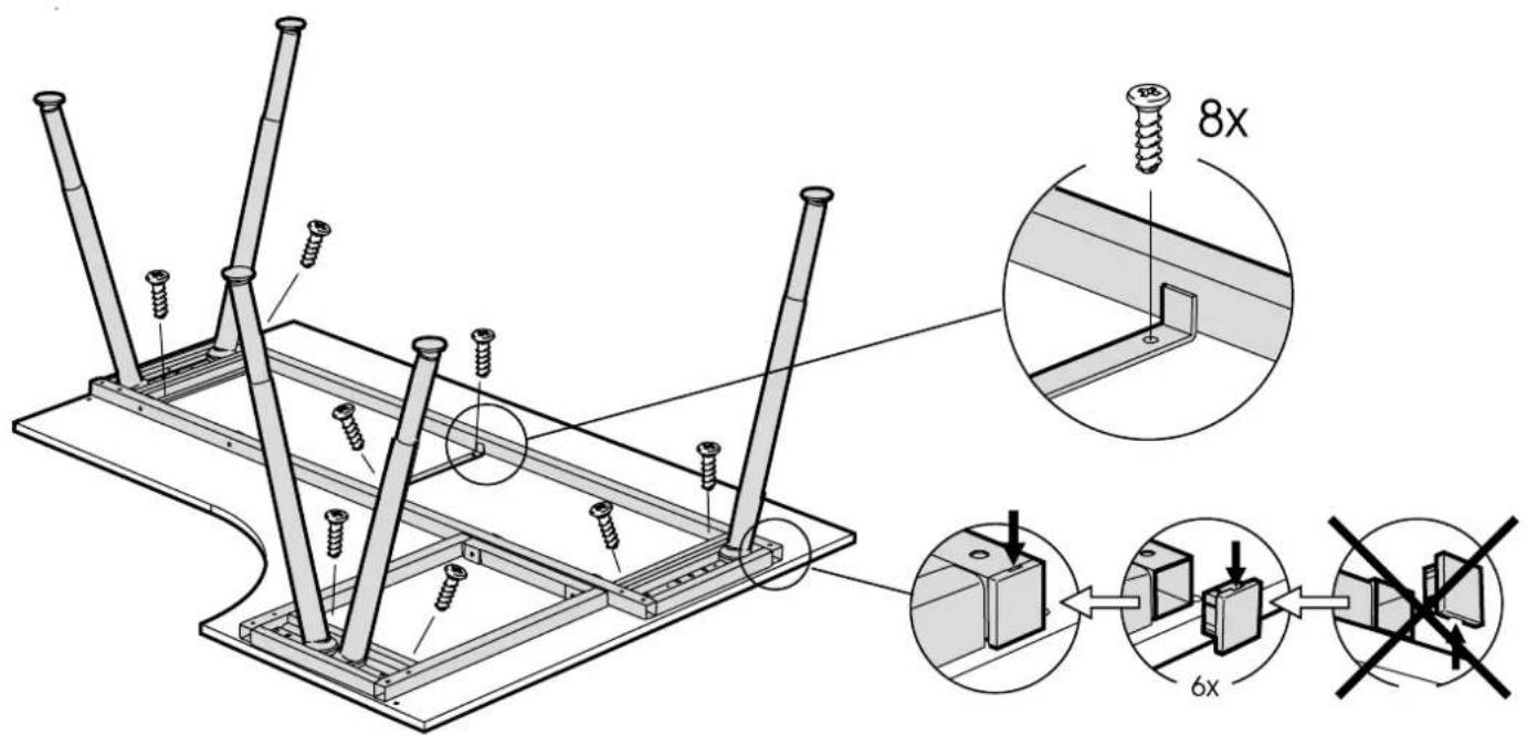 Technical diagram showing structural assembly with 8x and 6x magnified views of components, including screws and metal framing.