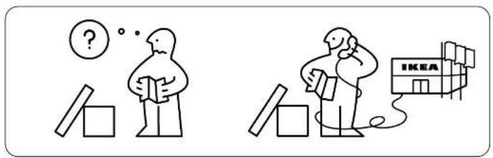 Illustration showing two cartoon figures with question marks and boxes, one thinking and the other holding a book, next to an IKEA building.
