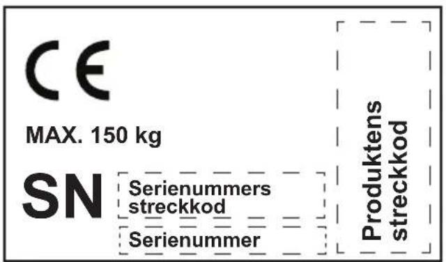 CE MAX. 150 kg SN Serienummers streckkod Serienummer Produktens streckkod