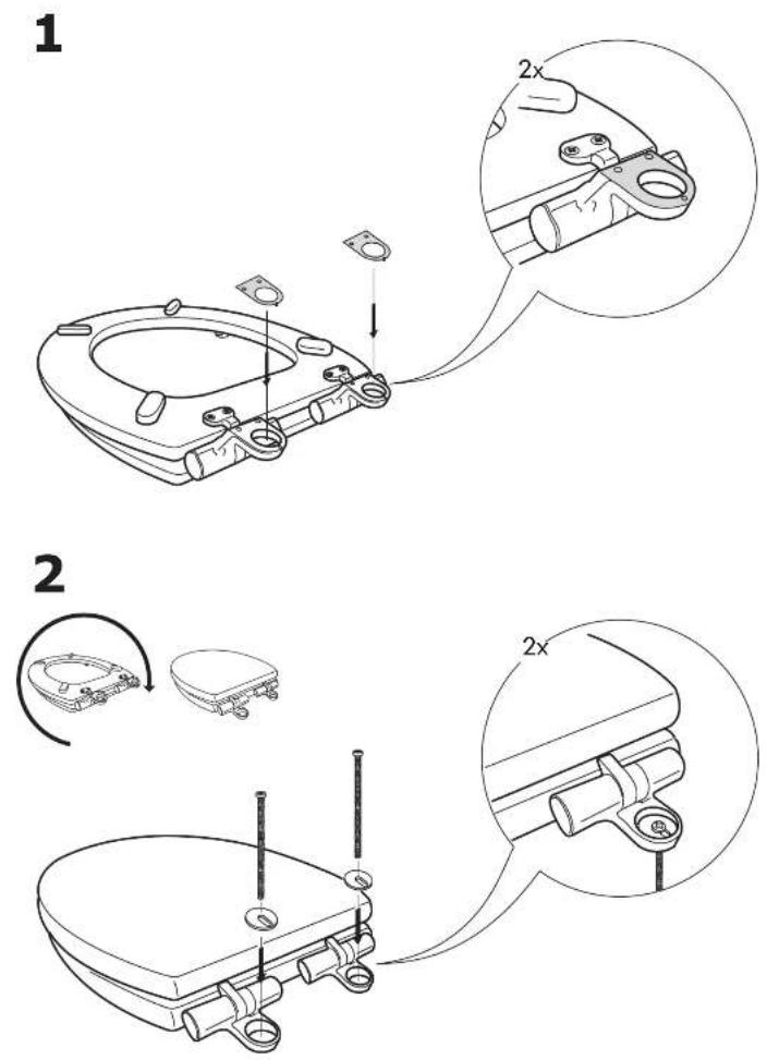 Technical diagram showing two-step assembly of a toilet with labeled parts and 2x magnified views