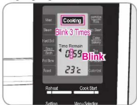 Cooking Blink 3 Times Time Remain 0:59 Blink 23°C Reheat Cook Start Setting Menu Selection
