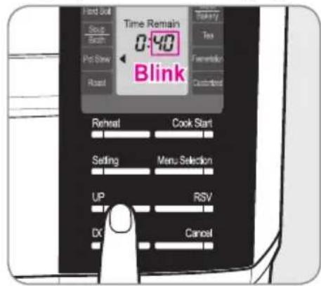 Time Remain 0:40 Blink Reheat Cook Start Setting Menu Selection UP RSV DC Cancel