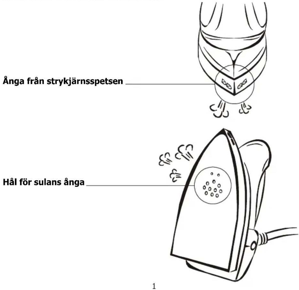 Ånga från strykjärnsspetsen Hål för sulans ånga 1