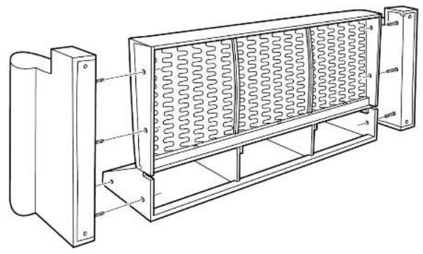 Technical line drawing of a mechanical or electrical enclosure with spring-like components and mounting brackets (no text or symbols)