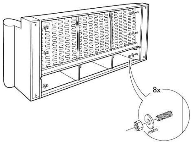 Technical diagram of an electrical enclosure with labeled components and a magnified inset showing a bolt and screw assembly.
