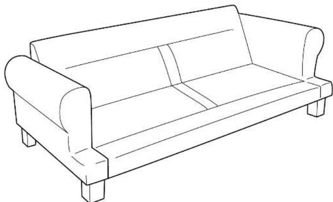 Line drawing of a single sofa with four legs and two armrests (no text or symbols)