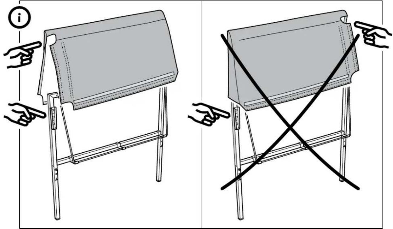 Diagram showing folding or folding of a folding chair with labeled parts and directional arrows indicating movement.
