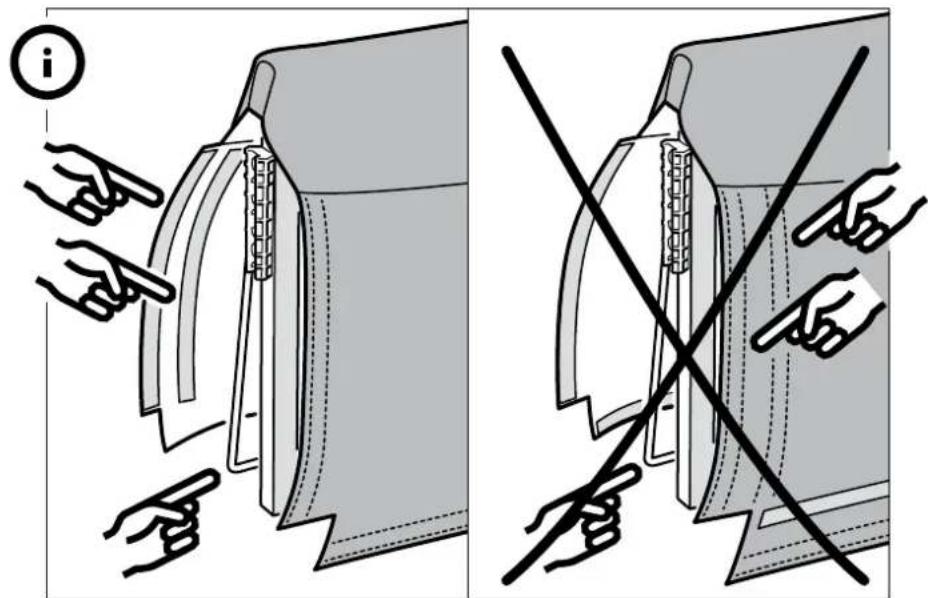 Diagram illustrating fabric cutting process with labeled steps and hand positions