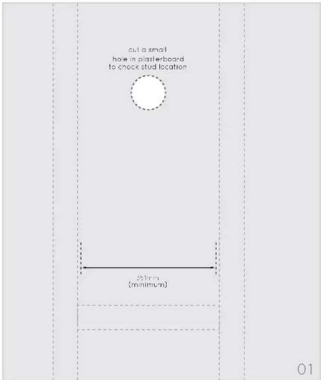 cut a small hole in plasterboard to check stud location 50mm (minimum) 01