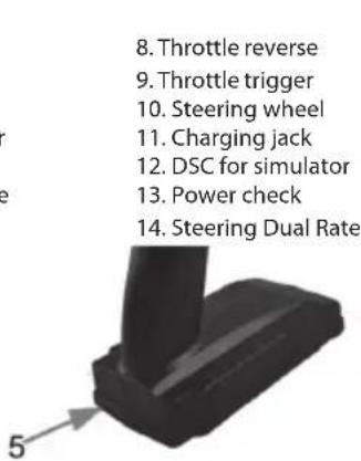 8. Throttle reverse 9. Throttle trigger 10. Steering wheel 11. Charging jack 12. DSC for simulator 13. Power check 14. Steering Dual Rate