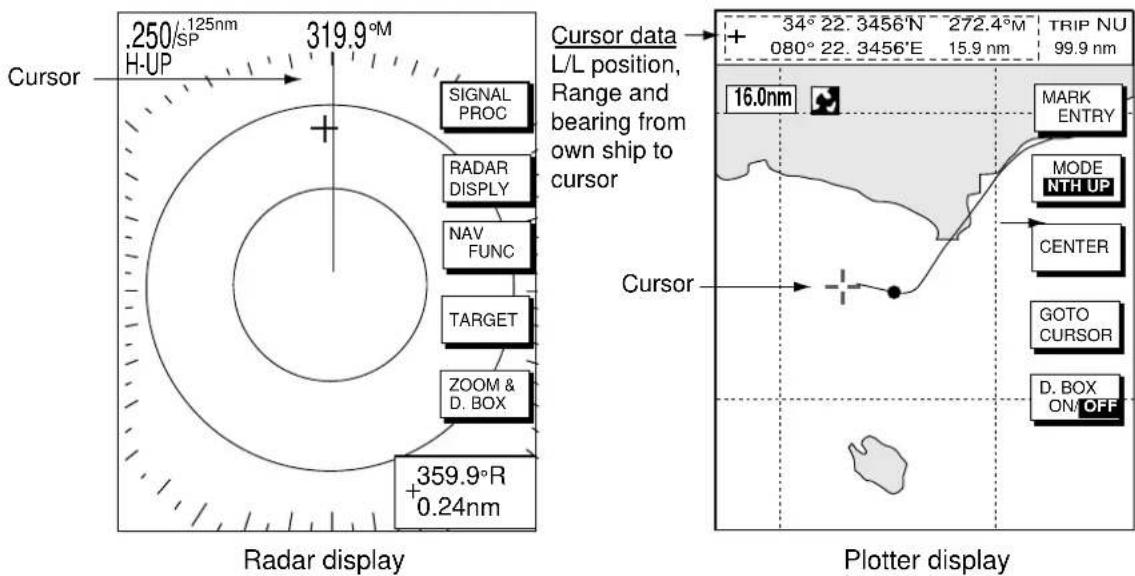 250/125nm H-UP 319.9°M Cursor Signal PROC RADAR DISPLAY NAV FUNC TARGET ZOOM & D. BOX +359.9°R +0.24nm Radar display Cursor data L/L position, Range and bearing from own ship to cursor 34° 22. 3456'N ~ 272.4°M 080° 22. 3456'E 15.9 nm TRIP NU 99.9 nm 16.0nm Marker ENTRY MODE NTH UP CENTER GOTO CURSOR D. BOX ON/OFF 34° 22. 3456'N ~ 272.4°M 080° 22. 3456'E 15.9 nm TRIP NU Plotter display