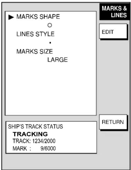MARKS SHAPE ○ LINES STYLE · MARKS SIZE LARGE MARKS & LINES EDIT SHIP'S TRACK STATUS TRACKING TRACK: 1234/2000 MARK : 9/6000 RETURN