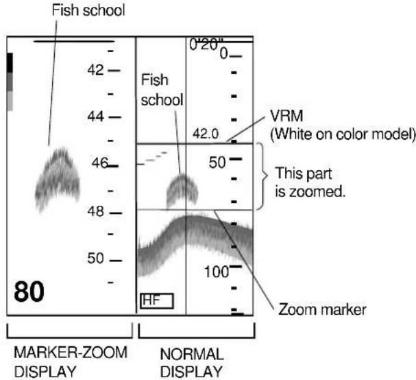 Fish school 42 - 44 - 46 - 48 - 50 - 80 0'20" Fish school 42.0 VRM (White on color model) 50 - This part is zoomed. 100 - Zoom marker MARKER-ZOOM DISPLAY NORMAL DISPLAY