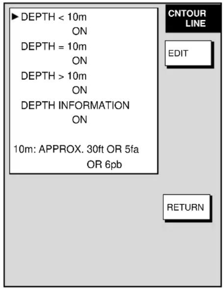 DEPTH < 10m ON DEPTH = 10m ON DEPTH > 10m ON DEPTH INFORMATION ON 10m: APPROX. 30ft OR 5fa OR 6pb CNTOUR LINE EDIT RETURN