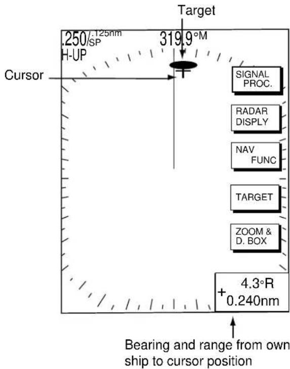 .250/125nm H-UP 319.9°M Target Cursor SIGNAL PROC. RADAR DISPLAY NAV FUNC TARGET ZOOM & D. BOX 4.3°R + 0.240nm Bearing and range from own ship to cursor position