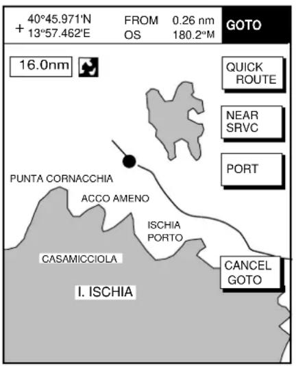 40°45.971'N + 13°57.462'E FROM 0.26 nm OS 180.2°M GOTO 16.0nm QUICK ROUTE NEAR SRVC PORT PUNTA CORNACCHIA ACCO AMENO ISCHIA PORTO CASAMICCIOLA CANCEL GOTO I. ISCHIA