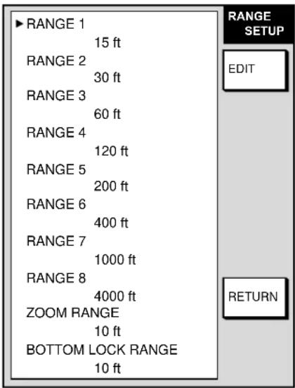 RANGE 1 15 ft RANGE 2 30 ft RANGE 3 60 ft RANGE 4 120 ft RANGE 5 200 ft RANGE 6 400 ft RANGE 7 1000 ft RANGE 8 4000 ft ZOOM RANGE 10 ft BOTTOM LOCK RANGE 10 ft RANGE SETUP EDIT RETURN