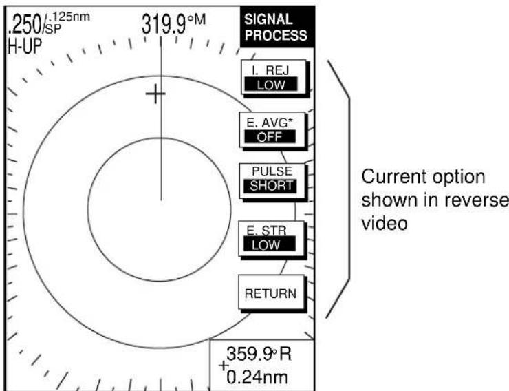 .250/125nm H-UP 319.9°M SIGNAL PROCESS I. REJ LOW E. AVG* OFF PULSE SHORT E. STR LOW RETURN +359.9°R 0.24nm Current option shown in reverse video