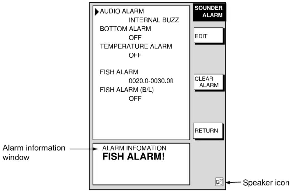 AUDIO ALARM INTERNAL BUZZ BOTTOM ALARM OFF TEMPERATURE ALARM OFF FISH ALARM 0020.0-0030.0ft FISH ALARM (B/L) OFF SOUNDER ALARM EDIT CLEAR ALARM RETURN Alarm information window ALARM INFOMATION FISH ALARM! Speaker icon